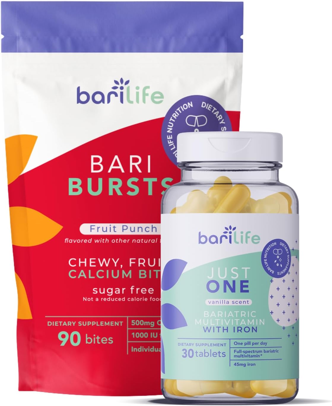 Bari Life Just One, Once Daily Bariatric Multivitamin with Iron (30 Tablets) and BariBurst Calcium Citrate Soft Chews for Gastric Bypass, Gastric Sleeve and Duodenal Switch (Fruit Punch)
