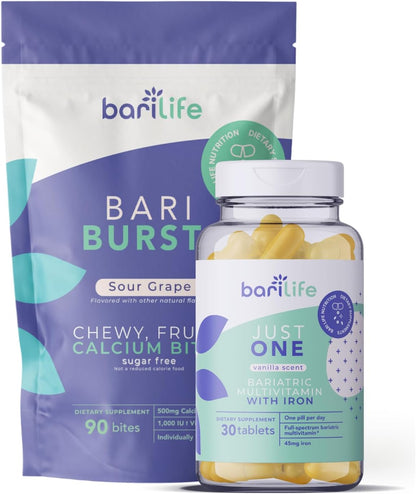 Bari Life Just One, Once Daily Bariatric Multivitamin with Iron (30 Tablets) and BariBurst Calcium Citrate Soft Chews for Gastric Bypass, Gastric Sleeve and Duodenal Switch (Sour Grape)