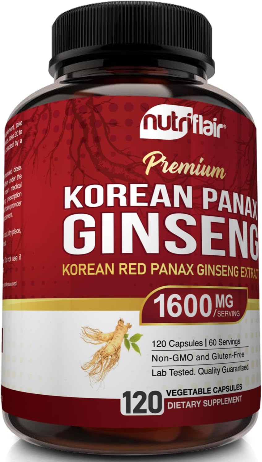 NutriFlair Korean Red Panax Ginseng 1600mg – 120 Vegan Capsules | 5% Ginsenosides | Non-GMO, Gluten-Free | Natural Energy & Focus Support | Made in USA