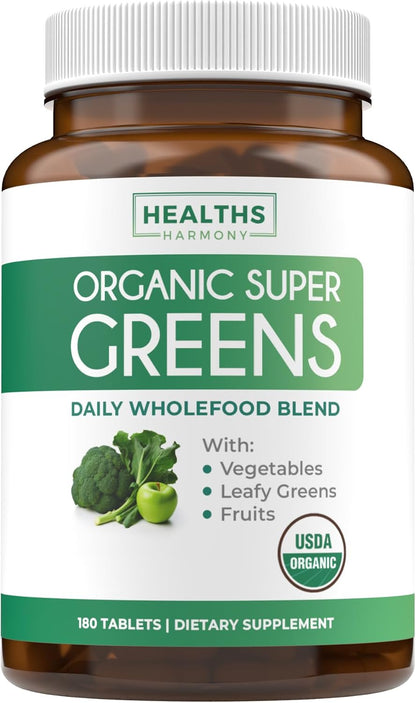 USDA Organic Super Greens Supplement - Organic Greens Fruits and Vegetable Supplement for Adults with 28 Superfood Complex with Superfruits Roots Herbs & More - Vegan & Non-GMO (Up to 3 Month Supply)