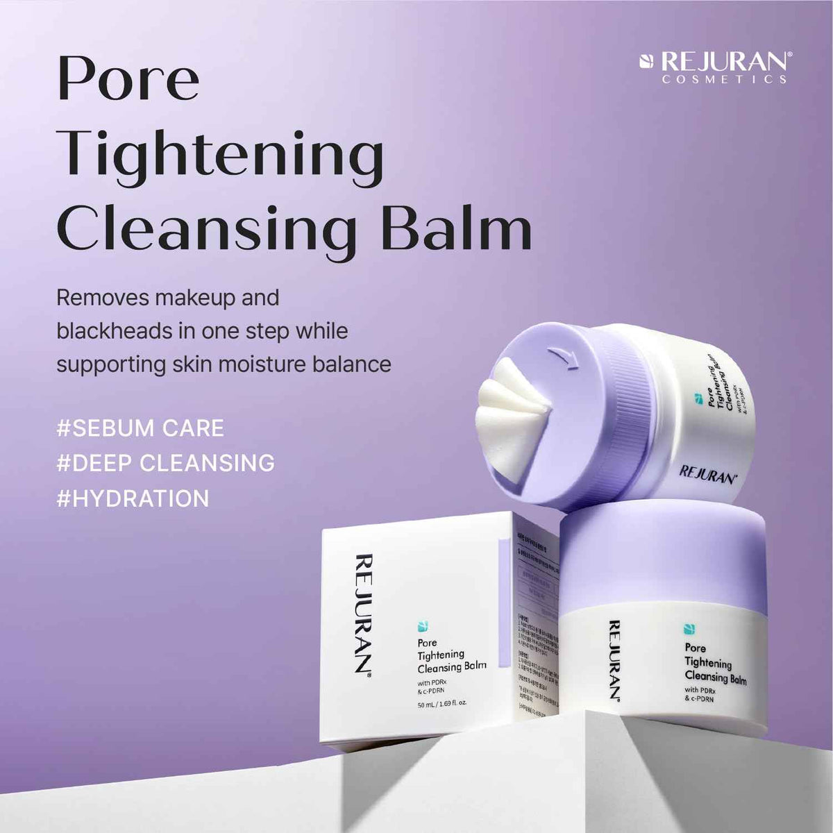 REJURAN® Pore Tightening Cleansing Balm with PDRx & c-PDRN 50ml – Deep Makeup & Blackhead Cleanser with Salmon DNA & Tannin Complex – 3-Step Transforming Balm, Fragrance-Free