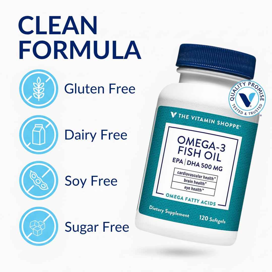 The Vitamin Shoppe Brand Omega 3 Fish Oil 1000mg with EPA DHA 500mg, Cardiovascular, Brain & Eye Health Support for Men and Women, Sourced from Anchovy,