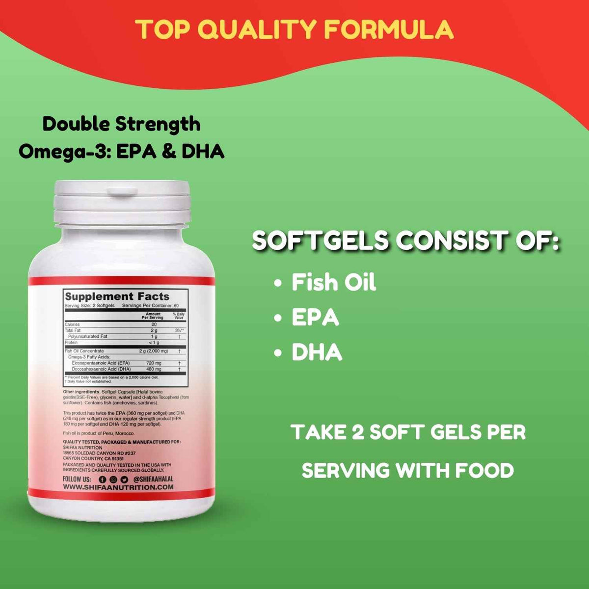 SHIFAA NUTRITION Halal Fish Oil Softgels 120 Ct, Double Strength - Halal Omega 3 Fish Oil Supplements. Wild Caught, Non-GMO & Purified