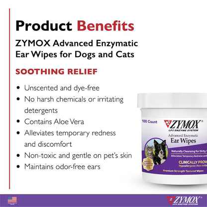 Zymox Advanced Enzymatic Ear Wipes for Dogs and Cats - for Dirty, Waxy, Smelly Ears - Premium Strength Ear Cleaner Wipes - Non-Irritating - Hypoallergenic - 100 ct