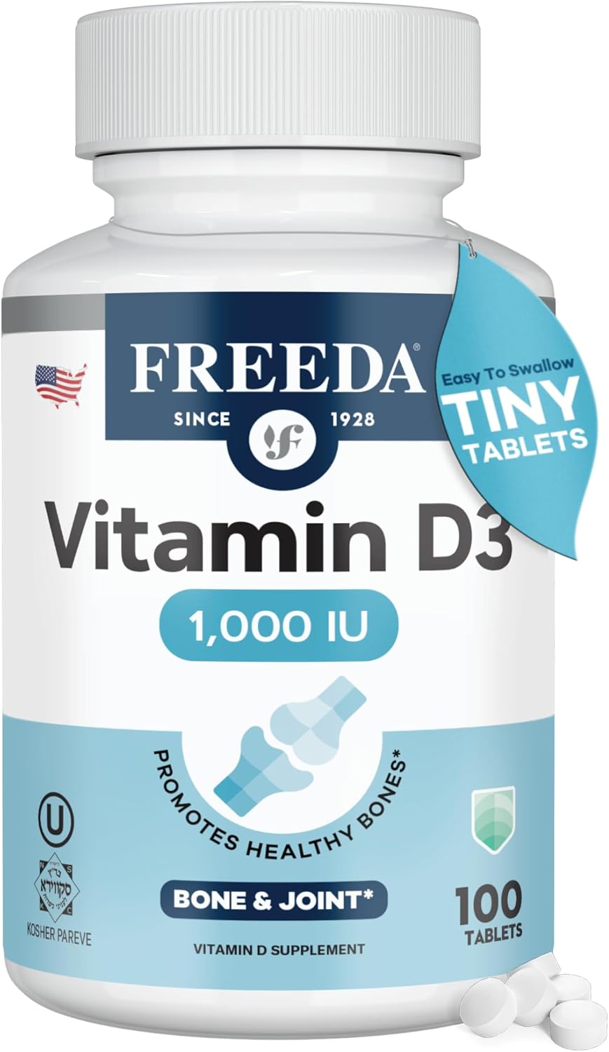 FREEDA Vitamin D3-1000 IU - Pure High Potency Kosher Supplement Tablets - Bone and Muscle Health, Calcium Absorption, Immune Support for Men and Women* - 100 Count | Supports Bone, Muscle & Immune Health – Helps Calcium Absorption – Easy-to-Swallow Tiny T