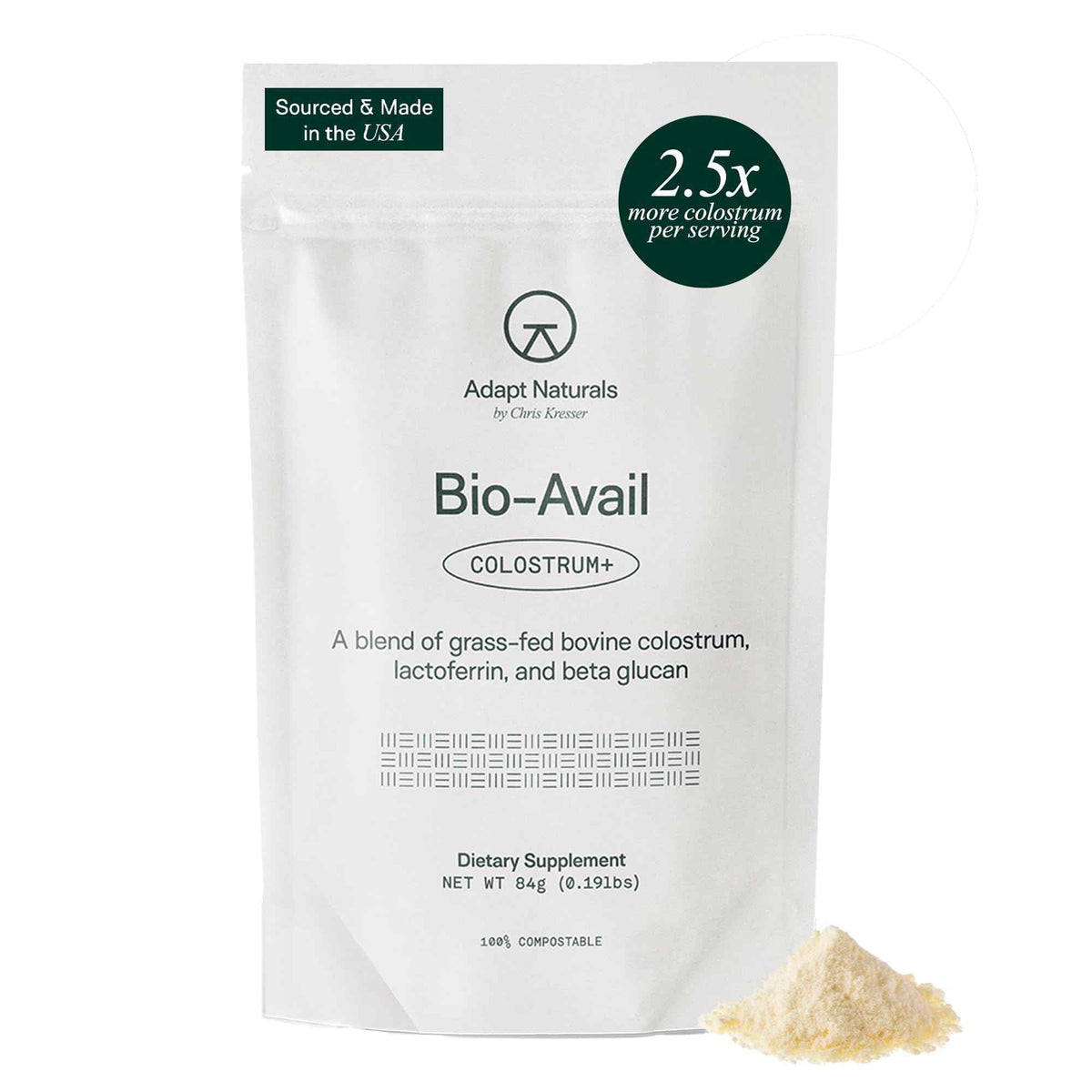 Adapt Naturals Colostrum Supplement with Lactoferrin & Beta-Glucan, Bio-Avail Grass Fed Bovine Colostrum Powder for Gut Health, Immune Support & Vitality