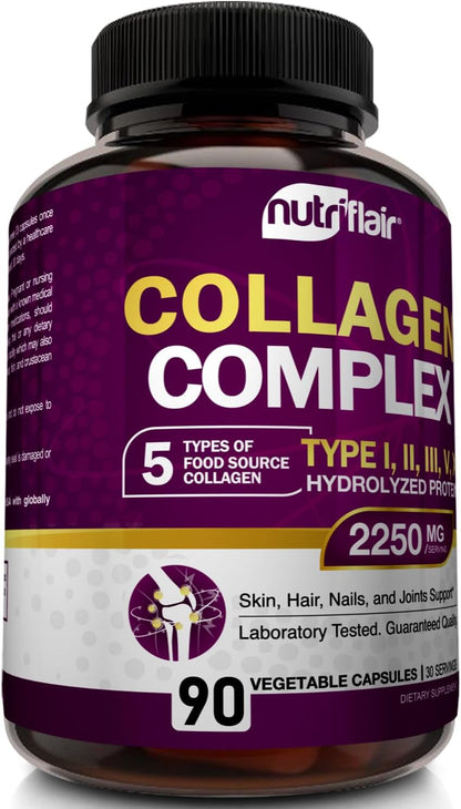 NutriFlair Multi Collagen Peptides 2250mg, 90 Capsules - Type I, II, III, V, X - Collagen Supplements Complex Powder Pills for Women and Men - Hydrolyzed Protein, Healthy Hair, Skin, Nails - Non-GMO