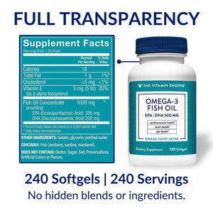 The Vitamin Shoppe Brand Omega 3 Fish Oil 1000mg with EPA DHA 500mg, Cardiovascular, Brain & Eye Health Support for Men and Women, Sourced from Anchovy,