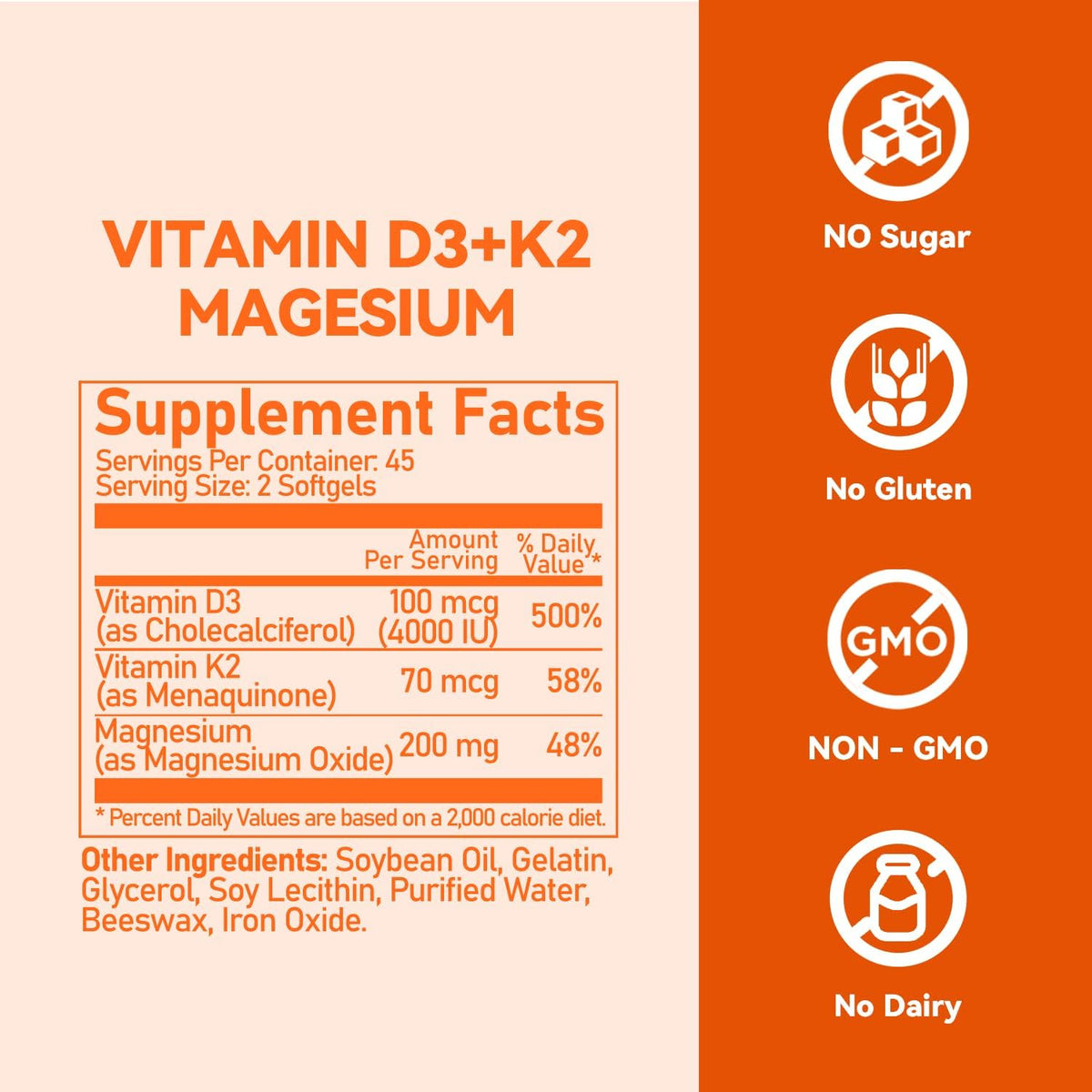 Vitamin D3 K2 4000IU with Magnesium Complex 200mg,High Absorption Supporting Bones, Immune Support, Energy and Emotion, Gluten-Free, Sugar-Free Softgels for Women & Men,90 Softgels-Pack