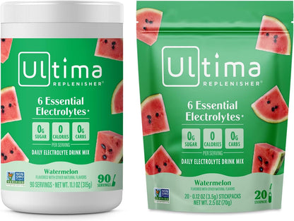 Ultima Replenisher Electrolyte Powder Drink Mix Bundle – Sugar Free – Watermelon, 90 Serving Canister and 20 Stickpacks – 6 Electrolytes and Minerals – Keto Friendly, Vegan, Non-GMO