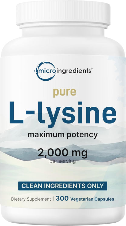 Pure L-Lysine 2,000mg, 300 Veggie Capsules | Maximum Potency, Easily Absorbed, Free Form | Essential Amino Acid for Collagen, Lip, & Immune Support | Clean Ingredients Without Fillers