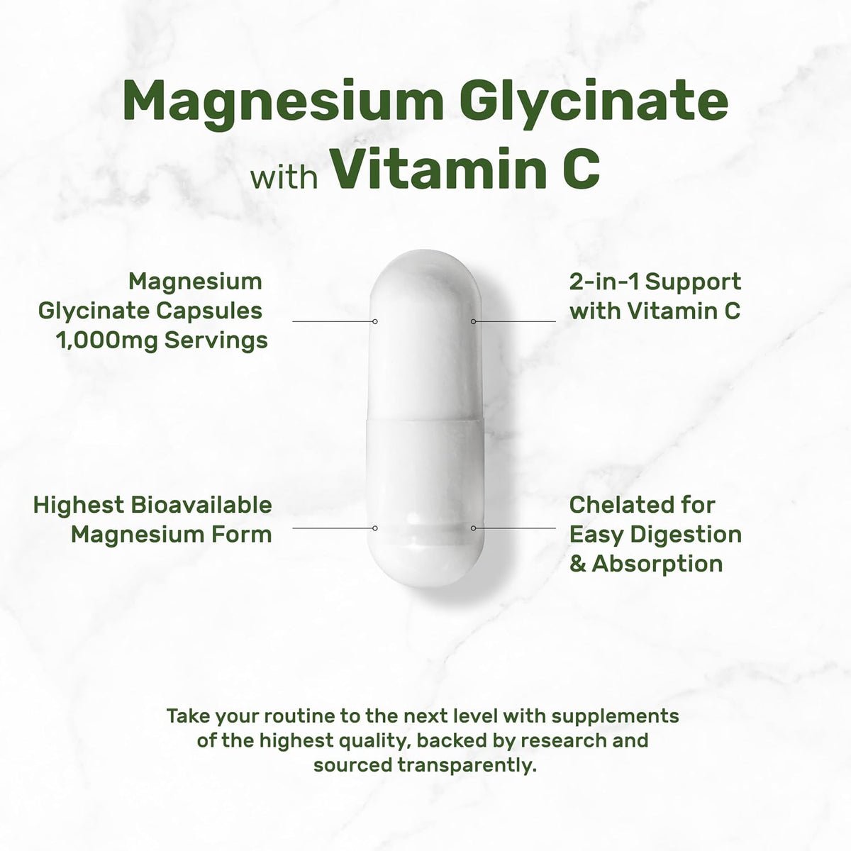 Magnesium Glycinate 500mg Per Capsule (1000mg Per Serving) Plus Vitamin C, 240 Capsules – 100% Chelated for Easy Absorption – Essential Mineral Supplement