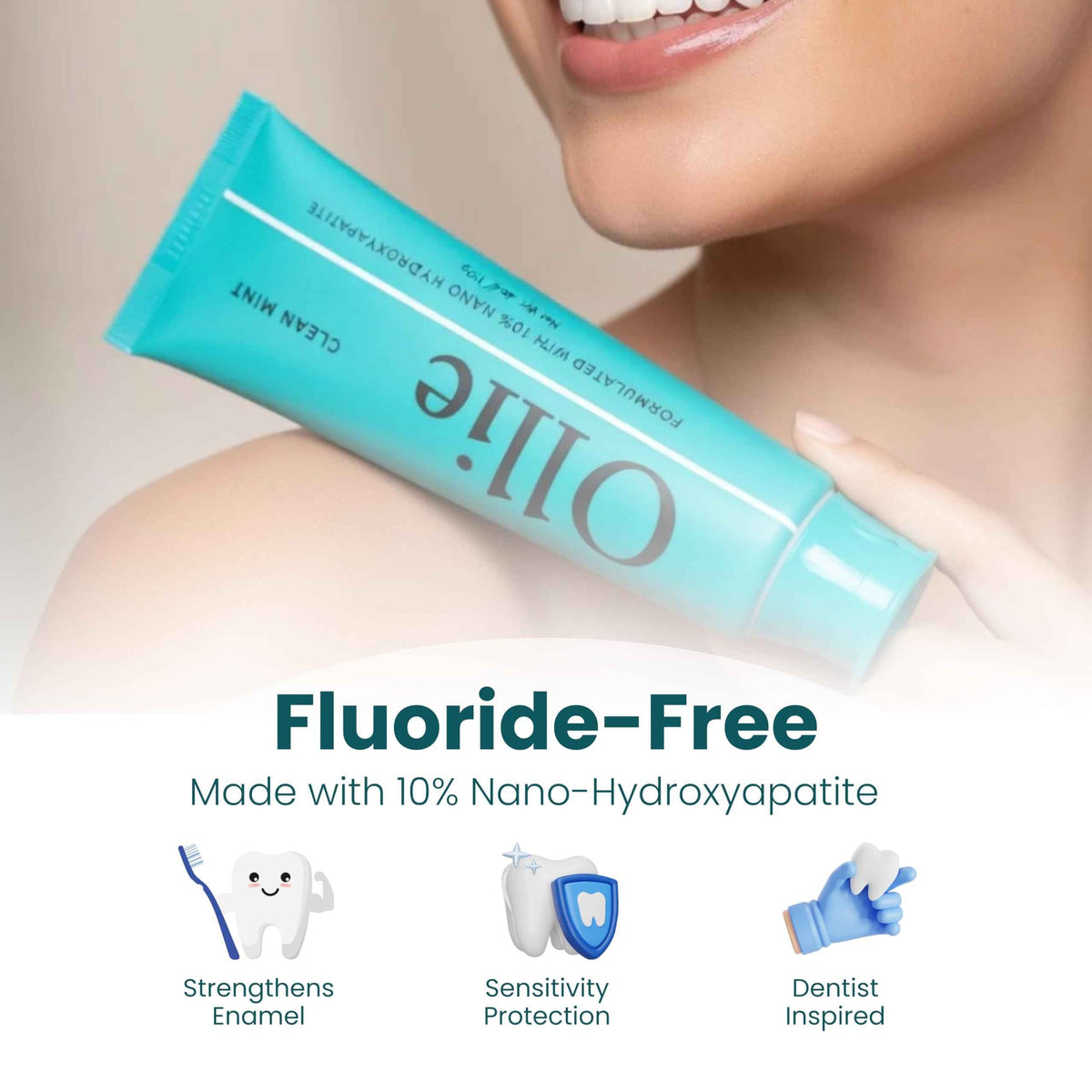 Ollie Fluoride Free 10% Nano Hydroxyapatite Toothpaste for Remineralizing Enamel, Sensitive Teeth & Whitening,