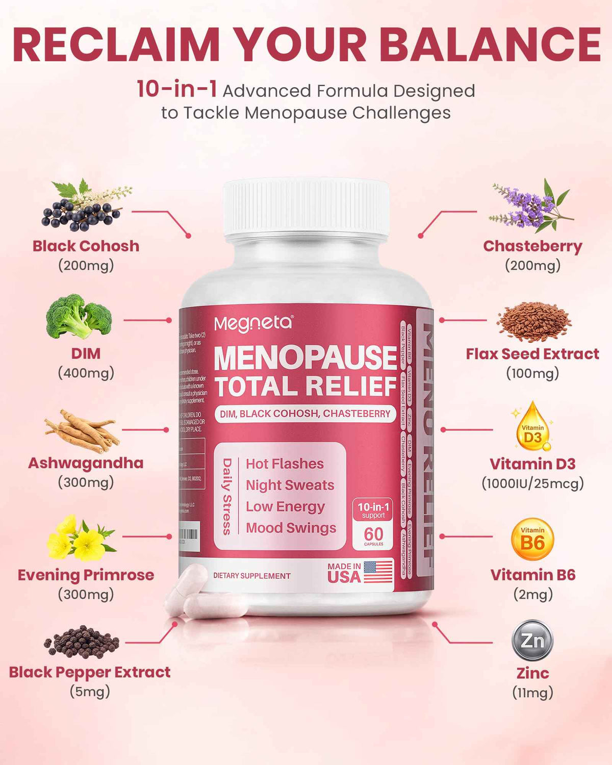MEGNETA Menopause Supplements for Women - 10-in-1 Hormone Balance Complex with Black Cohosh, DIM, Chasteberry & Ashwagandha - Support for Hot Flashes, Night Sweats