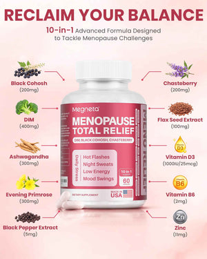 MEGNETA Menopause Supplements for Women - 10-in-1 Hormone Balance Complex with Black Cohosh, DIM, Chasteberry & Ashwagandha - Support for Hot Flashes, Night Sweats