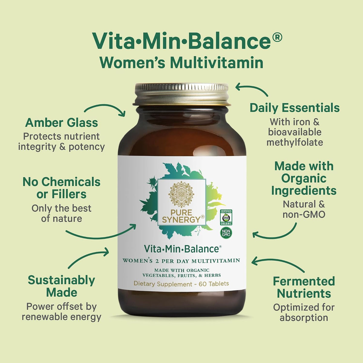 PURE SYNERGY Vita·Min·Balance | Multivitamin for Women with Iron | Women’s Daily Multivitamin Made with Organic Whole Foods | for Balanced Energy and Stress Support (60 Tablets)