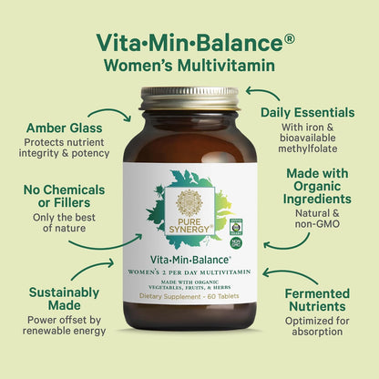PURE SYNERGY Vita·Min·Balance | Multivitamin for Women with Iron | Women’s Daily Multivitamin Made with Organic Whole Foods | for Balanced Energy and Stress Support (60 Tablets)