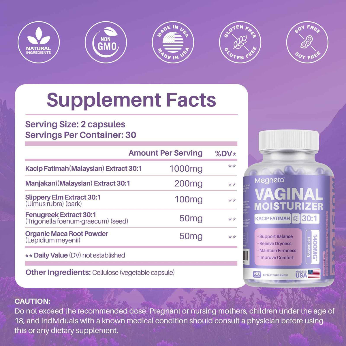 MEGNETA Vaginal Moisturizer, Kacip Fatimah 1,000mg & Manjakni 200mg for Female Intimate Health, Slippery Elm for Women, Vegan, 60 Capsules