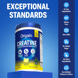 Orgain Creatine Monohydrate Micronized Powder, Lemonade Flavored, 5g Creatine, 70 Servings, Supports Muscle Growth, Post Workout Recovery