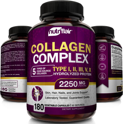 NutriFlair Multi Collagen Peptides 2250mg - Type I, II, III, V, X - Collagen Supplements Complex Powder Pills for Women and Men - Hydrolyzed Protein, Healthy Hair, Skin, Nails - Non-GMO (180 Capsules)