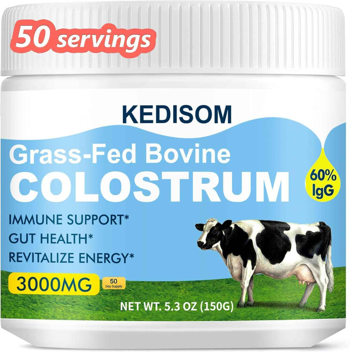 KEDISOM Grass-Fed Bovine Colostrum Supplement Powder - 60% High IgG 3000 mg for Gut Health, Immune Support - Easy to Mix Natural Liposomal
