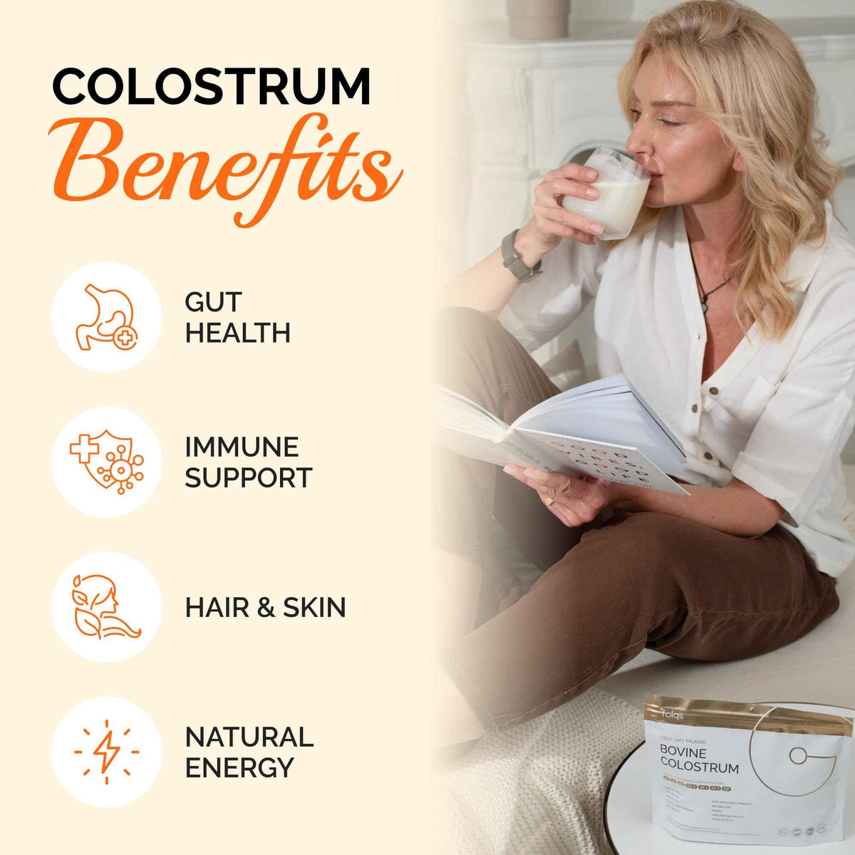 Folqs Bovine Colostrum Powder – First-Day Milking for Immune & Gut Support – 60 Servings – Supports Skin & Tissue Health – Made in USA - Amino Acids,