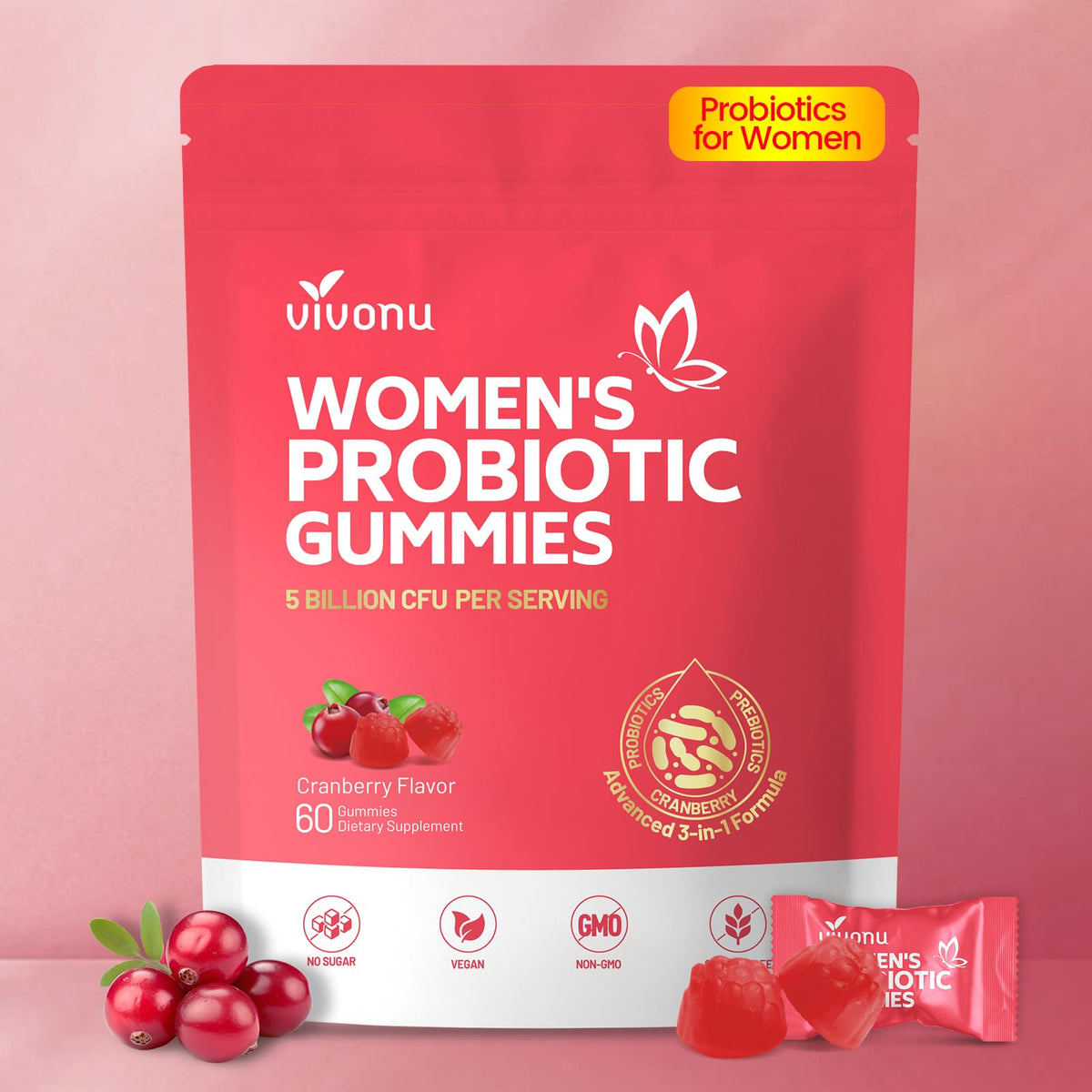 VivoNu Probiotics for Women, Women Probiotic Gummies, 500 Million CFUs, Fiber | Feminine Balance Gummies for Healthy Odour, Digestive Support and Gut Health + Vitamin C for Immune Support - 60 Gummies