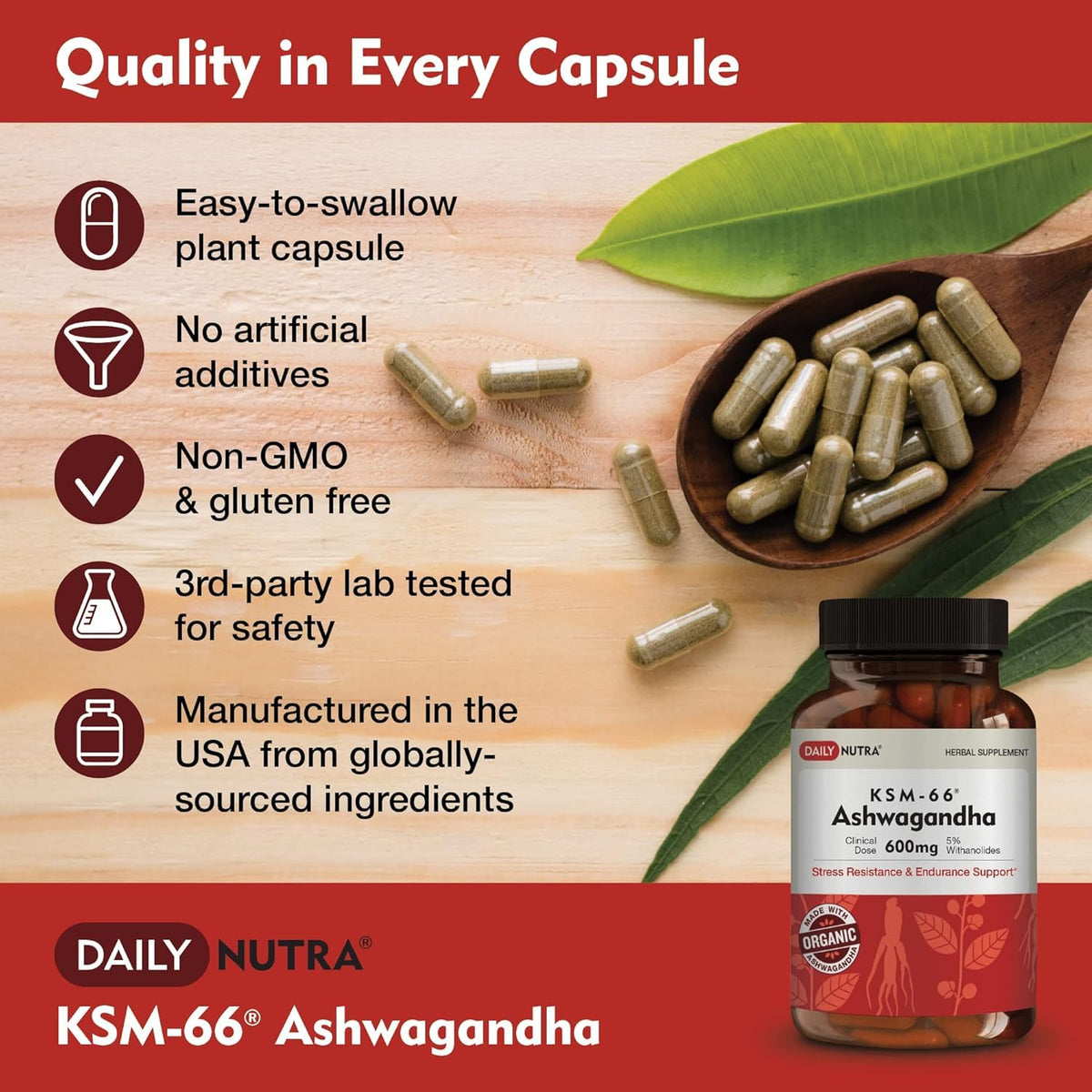 DailyNutra KSM-66 Ashwagandha 600mg Organic Root Extract - High Potency Supplement with 5% Withanolides | Relieves Tiredness, Supports Relaxation, Focus, Energy, & Muscle Growth (90 Capsules)