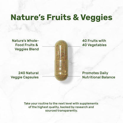 Nature’s Fruits & Veggies Supplement, 240 Veggie Capsules – 80 Whole Food Superfoods for Daily Balance – 40 Fruits with 40 Vegetables and Greens – Non-GMO, Gluten Free