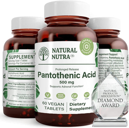 Natural Nutra Time Release Pantothenic Acid 500 mg, Vitamin B5 Supplement Helps Break Down Fat and Carbohydrates, Metabolism and Energy, Improve Muscle Health, Reduce Skin Spots, 60 Vegetarian Tablets