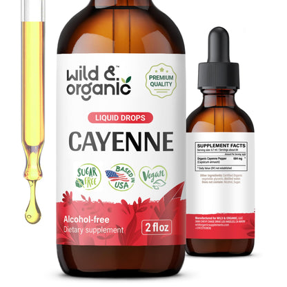 Wild & Organic Cayenne Pepper Drops - Antioxidant & Digestive Support - Capsaicin Supplements - Fast Absorbing Liquid Cayenne Pepper Extract Tincture - No Spicy Aftertaste, Alcohol-Free - 4 fl oz