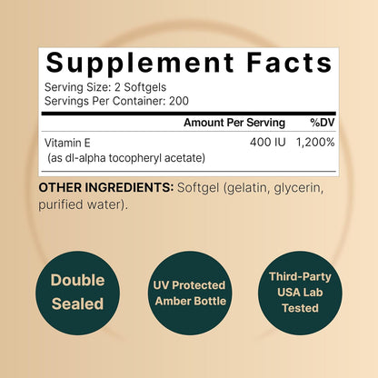 NatureBell Vitamin E Oil Softgels, 400iu Per Serving, 400 Pills | Essential Antioxidant Supplements, Easily Absorbed Form – Supports Skin, Heart, & Immune Health – Non-GMO