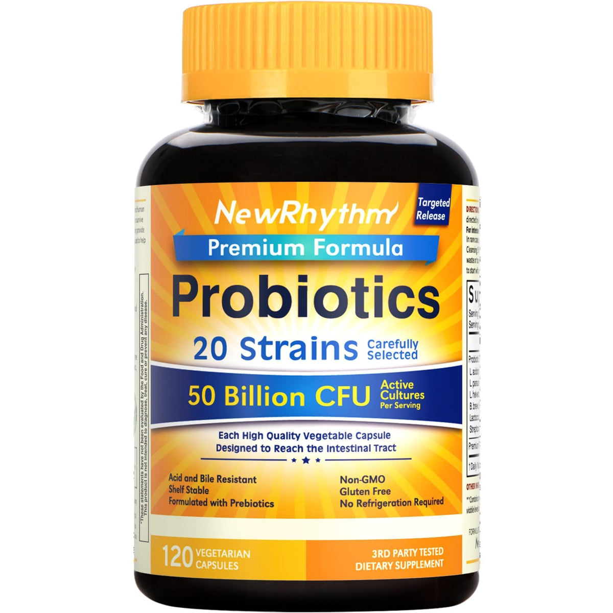 NewRhythm Probiotics 50 Billion CFU 20 Strains, 60 Veggie Capsules, Targeted Release Technology, Stomach Acid Resistant, No Need for Refrigeration, Non-GMO, Gluten Free