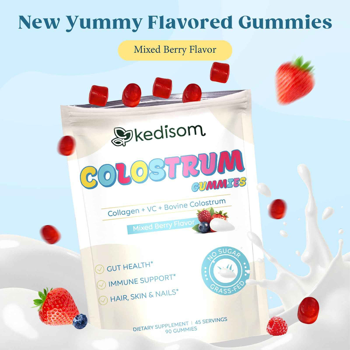 KEDISOM Colostrum Gummies, Grass Fed Colostrum Supplement, 90 Bovine Colostrum Gummies, 45 Servings, Mixed Berry, Sugar-Free