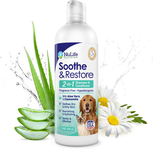 2-in-1 Dog Shampoo and Conditioner with Soothing Aloe Vera & Chamomile, Sensitive Skin, Fragrance-Free, Hypoallergenic Formula Provides Itchy Skin Relief from Dry Skin & Allergies - 16oz