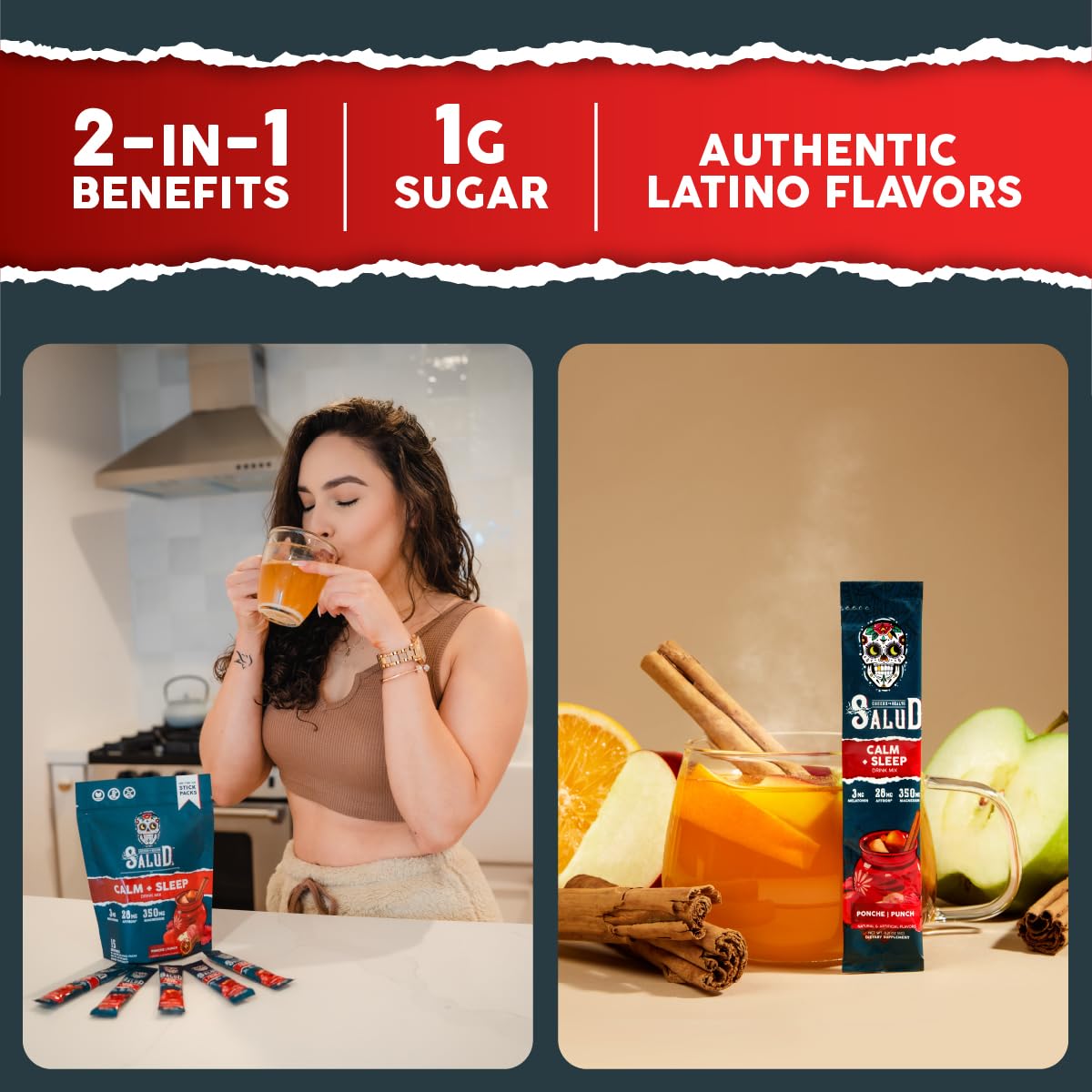 Salud 2-Pack | 2-in-1 Calm + Sleep (Punch) & Energy + Focus (Strawberry Watermelon) – 15 Servings Each, Drink Mix, Dairy & Soy Free, Non-GMO, Gluten Free, Vegan, Low Calorie, 1g of Sugar
