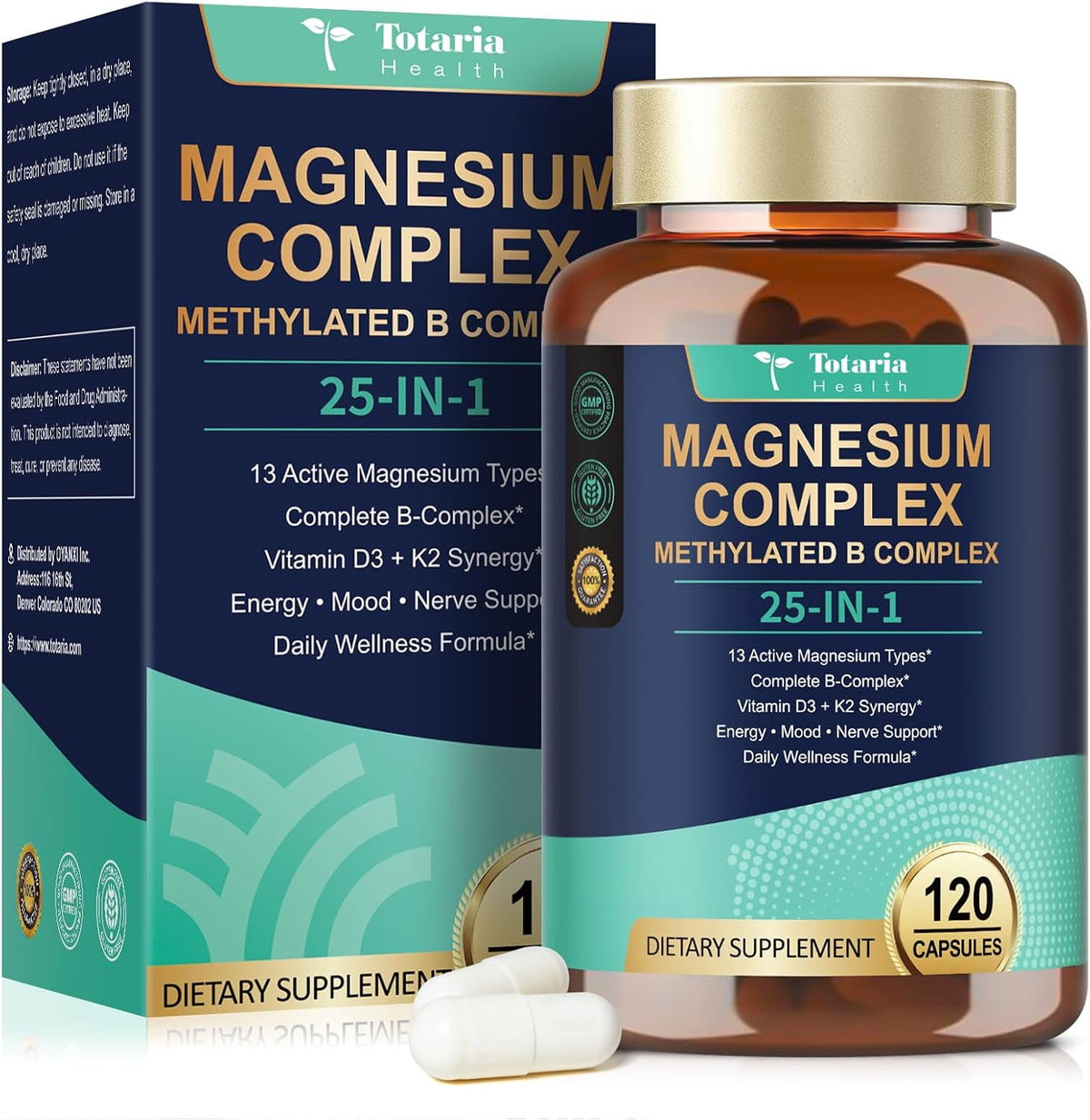 25-in-1 Magnesium Complex with Methylated B Complex Magnesium Glycinate Citrate Malate Taurate Gluconate Aspartate Carbonate D3 K2, Magnesium Supplement for Relaxation Energy & Nerve, 120 Vegan Caps