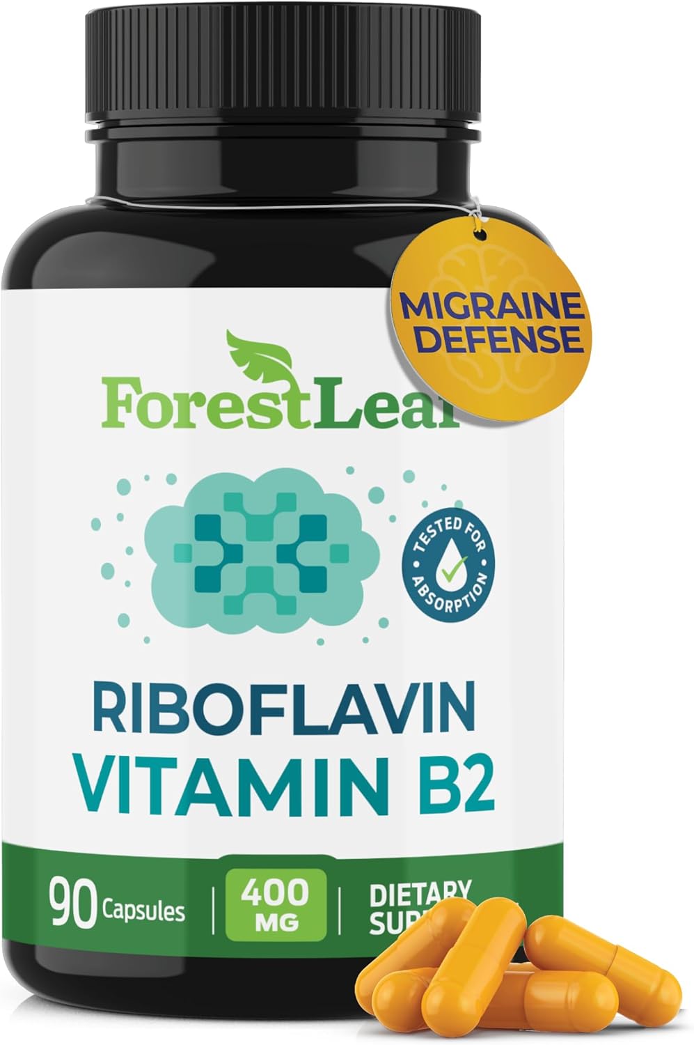 ForestLeaf Vitamin B2 Riboflavin 400mg - Energy, Skin & Cellular Health Supplement - Nervous System Support - Vitamin B 2 VIT B - Non-GMO & Gluten Free - B2 Vitamin 400mg Vegetable Capsules, 90 Count