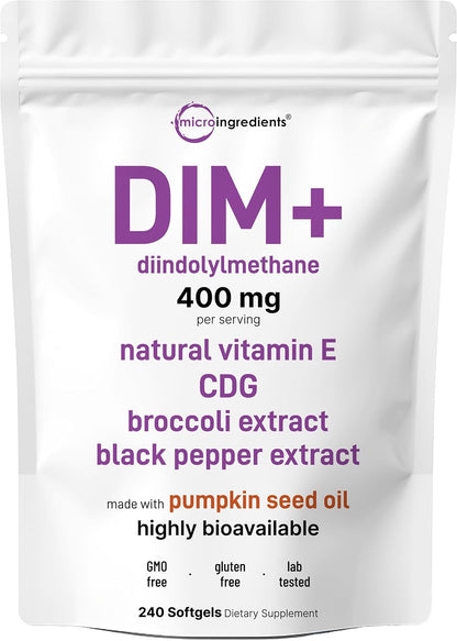 Micro Ingredients DIM+ Supplement 400mg for Men & Women | 240 Softgels with Pumpkin Seed Oil | Highly Bioavailable 7-in-1 Complex with Vitamin E, CDG, Broccoli & Black Pepper Extract