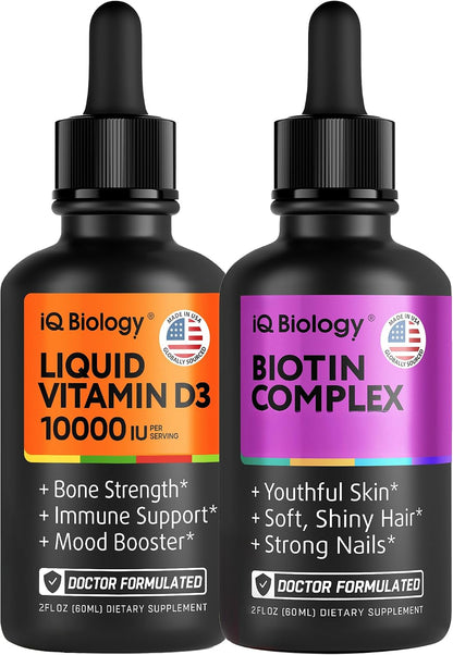 Liquid Biotin & Vitamin D3 Drops – Advanced Hair, Skin, Nail & Bone Support Bundle for Women & Men – Extra Strength Biotin, Collagen & Keratin with Vitamin D3 for Immunity, Teeth & Muscle Health