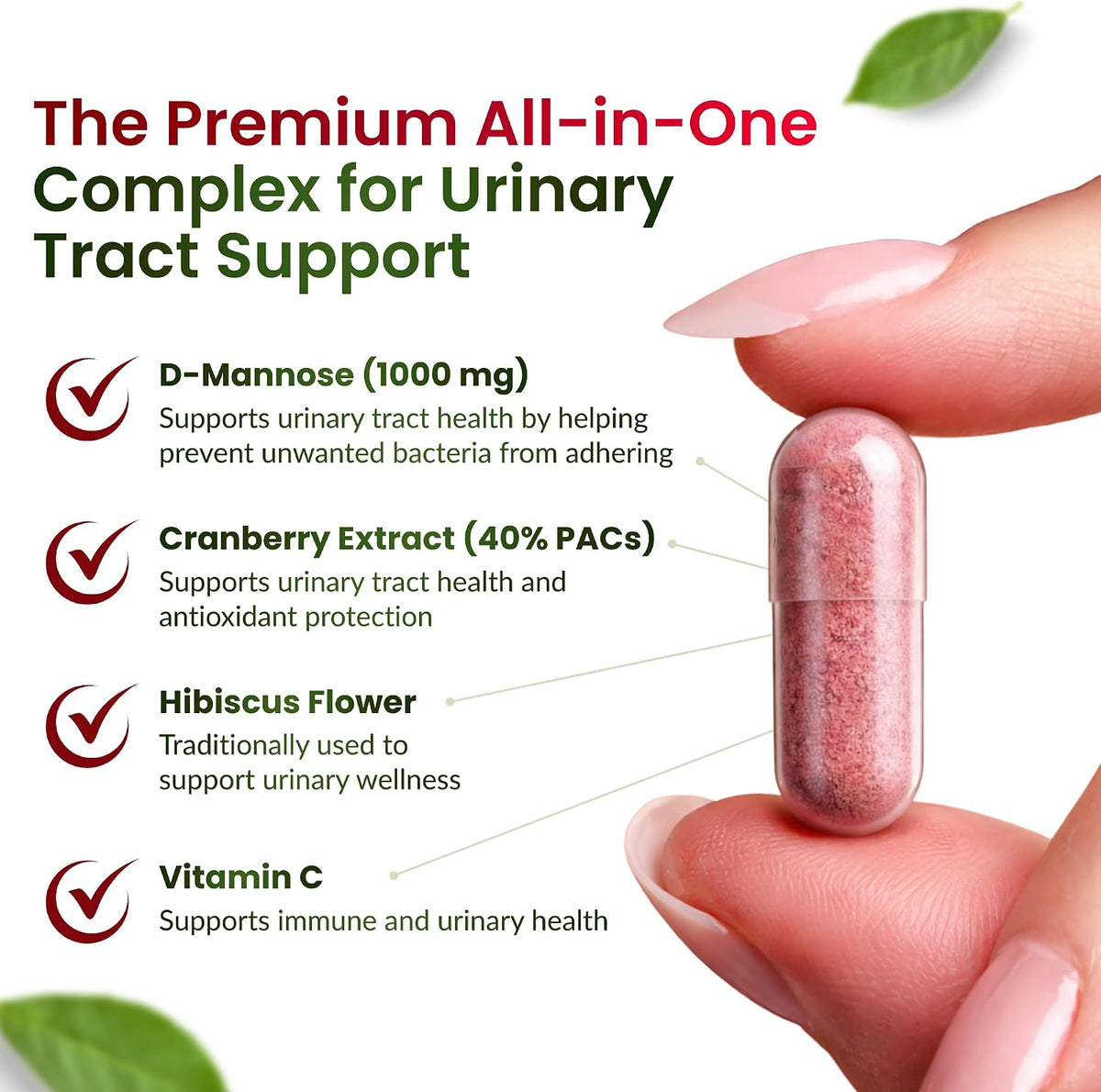 ForestLeaf D Mannose Supplements for Women & Men - D-Mannose 1000mg Capsules with Cranberry, Hibiscus & VIT C - DMannose Pills for UTI, Urinary Tract & Bladder Support - 120 Caps