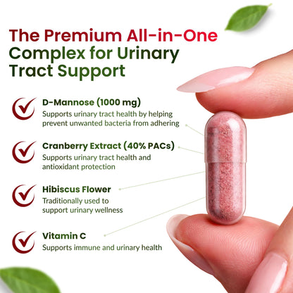 ForestLeaf D Mannose Supplements for Women & Men - D-Mannose 1000mg Capsules with Cranberry, Hibiscus & VIT C - DMannose Pills for UTI, Urinary Tract & Bladder Support - 120 Caps