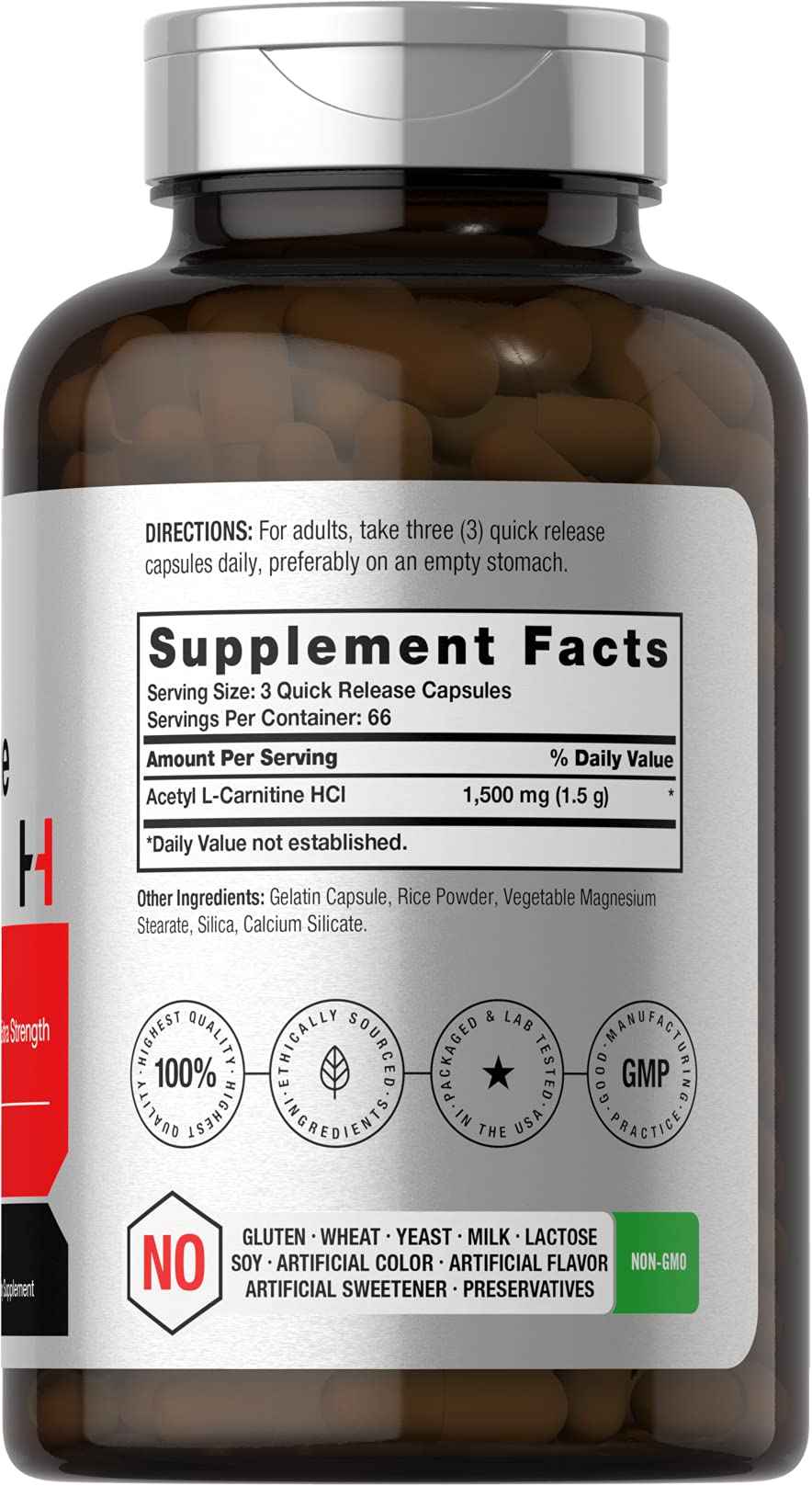 Horbäach Acetyl L-Carnitine 1500mg | 200 Capsules | Extra Strength Supplement | Non-GMO & Gluten Free