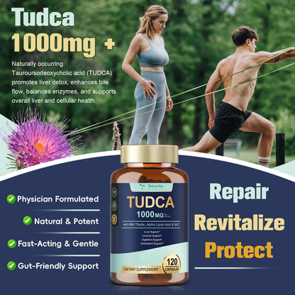 Totaria TUDCA 1000mg Liver Support Supplement with Milk Thistle, NAC, ALA, 80% Silymarin, 15-in-1 Extra Strength Bile Salts, for Liver Cleanse Detox & Repair, Gallbladder, Non-GMO, 120 Capsules