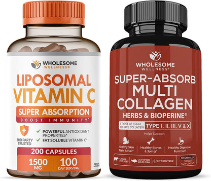 Wholesome Wellness Liposomal Vitamin C Capsules (200 Pills 1500mg Buffered) + Super-Absorb Multi Collagen Pills (Type I II III V X) Organic Herbs and Bioperine Bundle