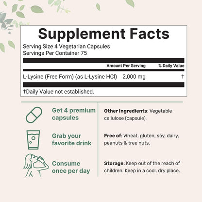 Pure L-Lysine 2,000mg, 300 Veggie Capsules | Maximum Potency, Easily Absorbed, Free Form | Essential Amino Acid for Collagen, Lip, & Immune Support | Clean Ingredients Without Fillers
