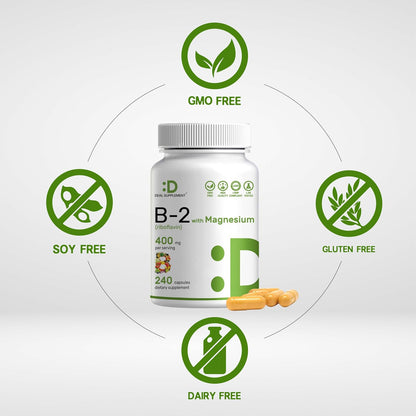 DEAL SUPPLEMENT Vitamin B2 400mg (Riboflavin) | with Magnesium Glycinate 400mg, 240 Capsules – 2 in 1 Support Healthy Nervous System, Mood, Blood & Energy Production, Non-GMO