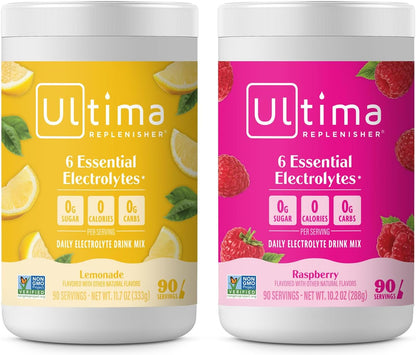 Ultima Replenisher Electrolyte Powder Drink Mix Bundle – Sugar Free – Lemonade and Raspberry, 90 Servings – Hydration Powder - 6 Key Electrolytes and Trace Minerals – Keto Friendly, Non-GMO