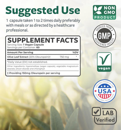 Super Strength Olive Leaf Extract Capsules - Vegan Non-GMO 750mg Olive Extract with 20% Oleuropein Antioxidant Supplement for Immunity Skin and Heart Health Support - Made in The USA (2 Month Supply)