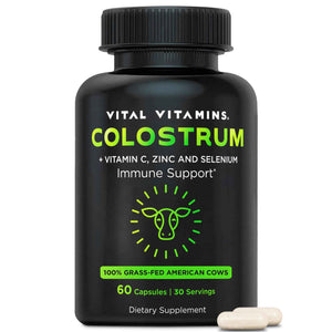 Vital Vitamins Colostrum Supplement - Vitamin C, Zinc, & Selenium - from First Milking - Standardized to Contain 10% IgG Immunoglobulins - Grass-Fed American Cows - 60 Capsules